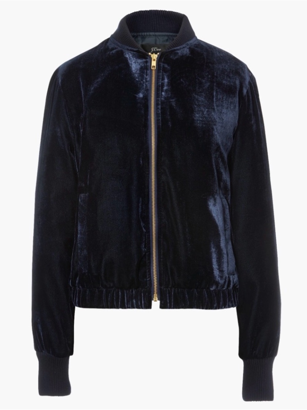 J. Crew Navy Velvet Bomber Jacket with Gold Zipper